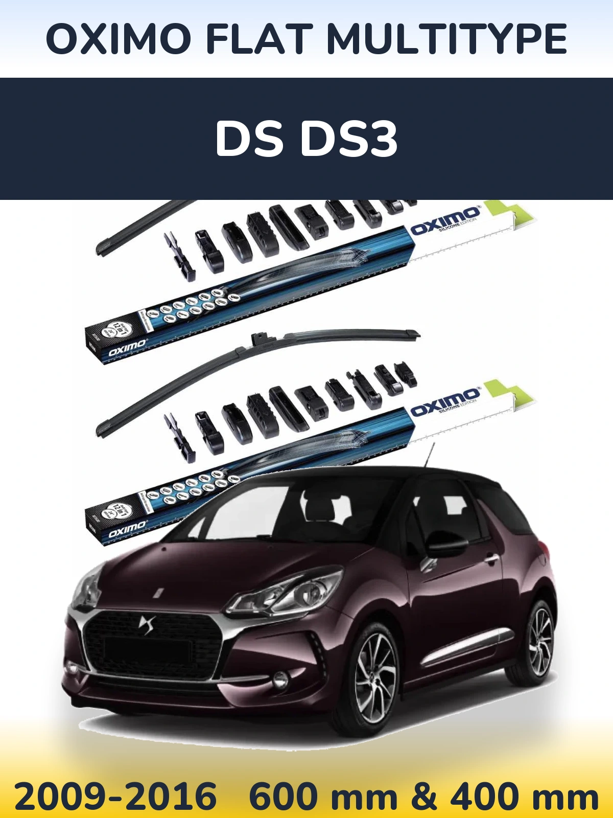 Front wiper blade set Oximo Flat MultiTypee 600 & 400 mm for DS DS3 2009-2016