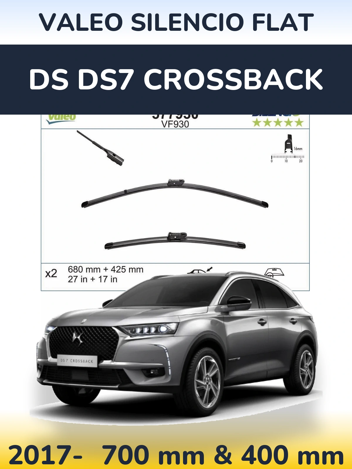 Komplet przednich wycieraczek Valeo Silencio Flat 680 & 400 mm do DS DS7 Crossback 2017-2026
