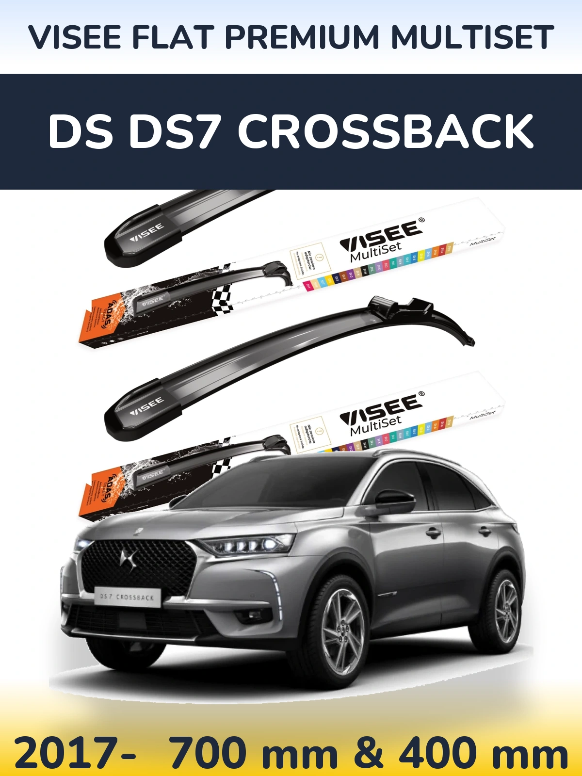 Komplet przednich wycieraczek VISEE FLAT PREMIUM MultiSet 700 & 400 mm do DS DS7 Crossback 2017-2026