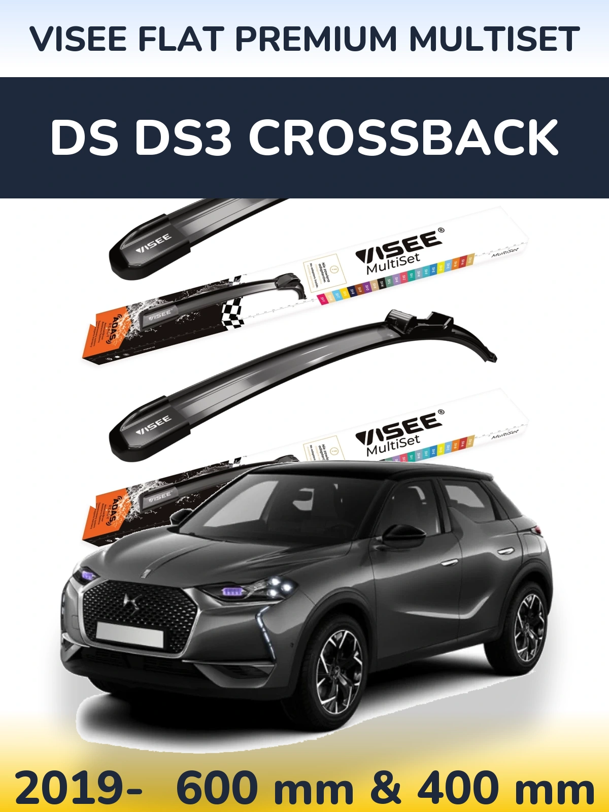 Front wiper blade set VISEE FLAT PREMIUM MultiSet 600 & 400 mm for DS DS3 Crossback 2019-2026