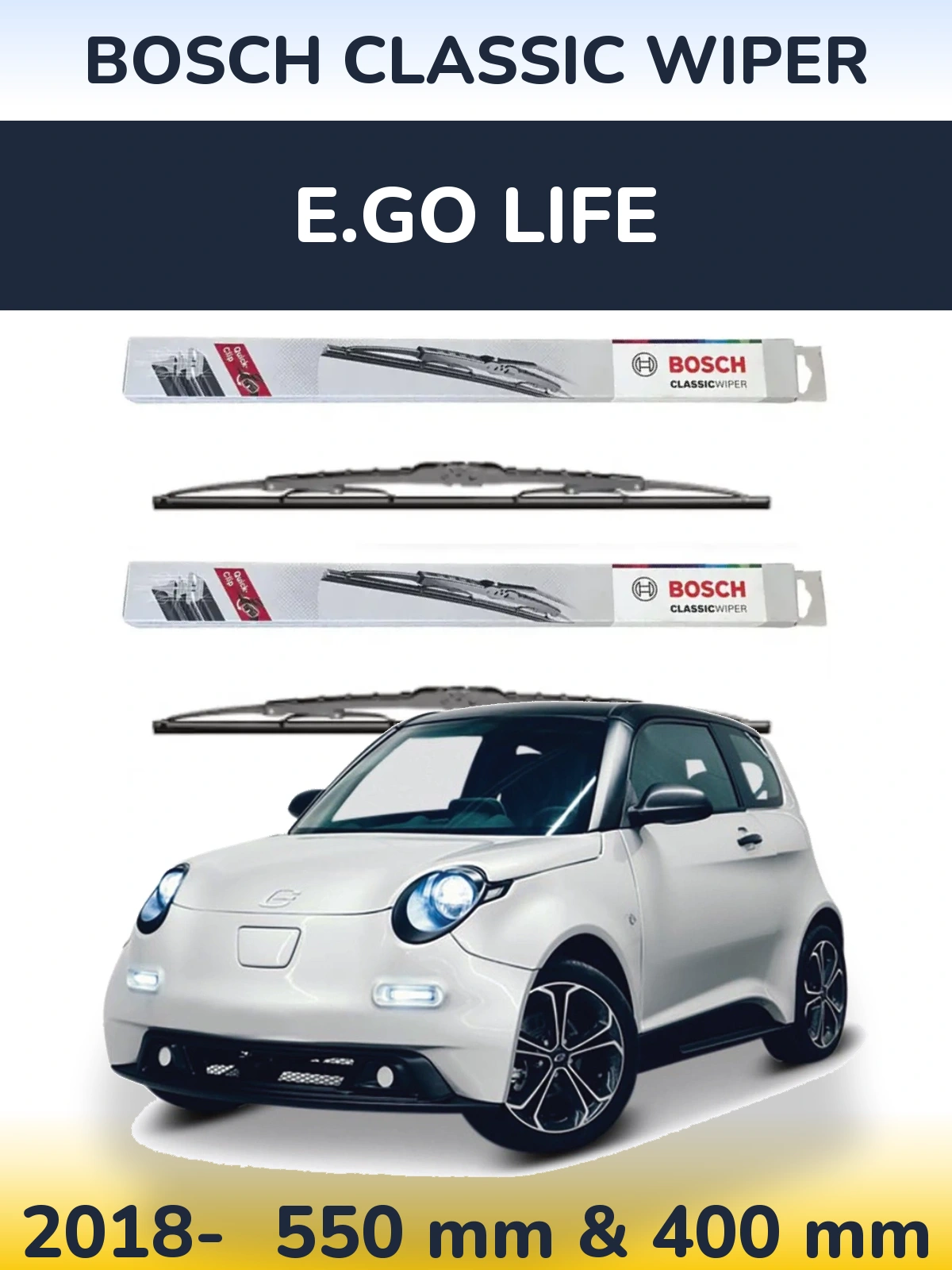 Front wiper blade set BOSCH Classic Wiper 550 & 400 mm for E.GO life 2018-2026