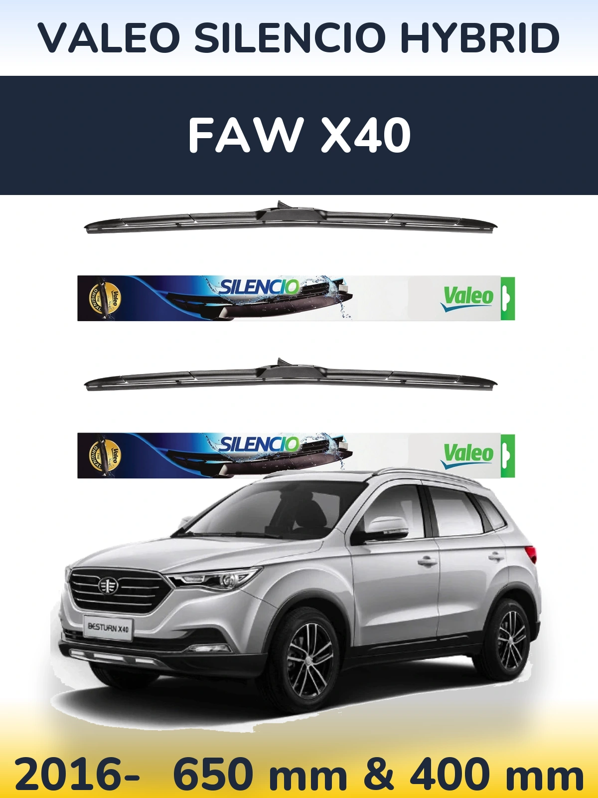 Komplet przednich wycieraczek Valeo Silencio Hybrid 650 & 400 mm do FAW X40 2016-2026