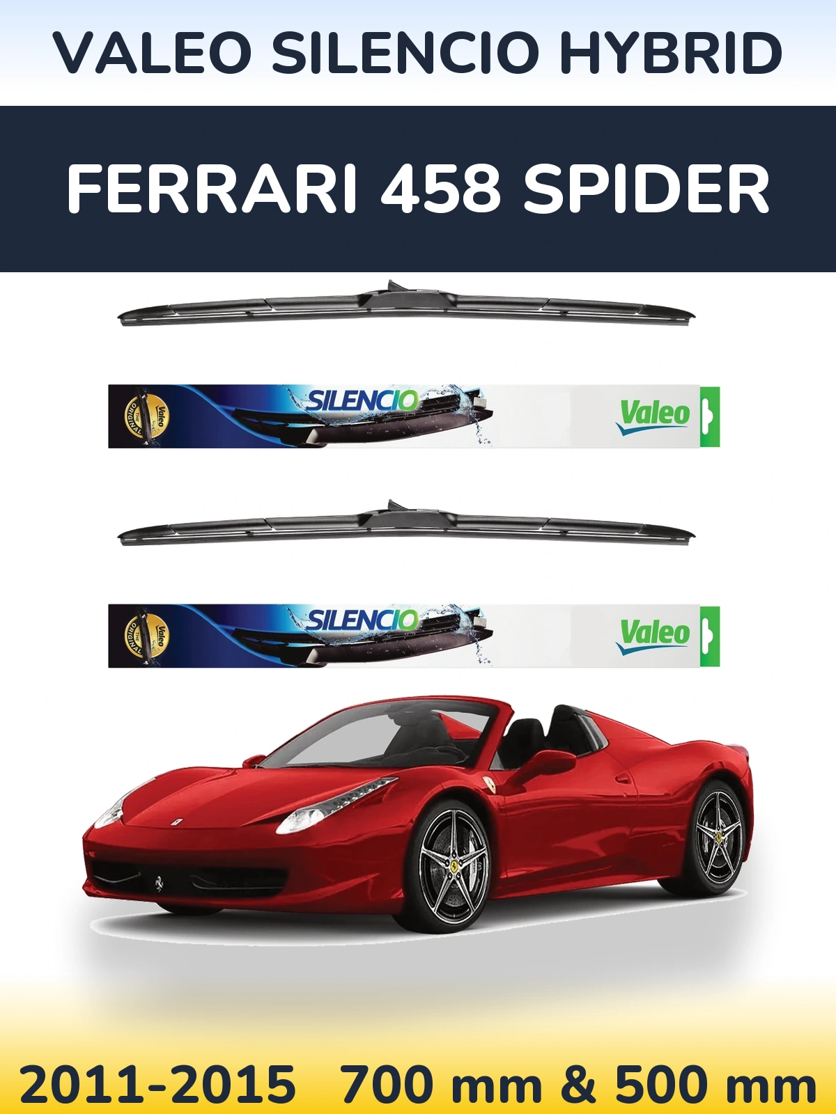 Komplet przednich wycieraczek Valeo Silencio Hybrid 700 & 500 mm do Ferrari 458 Spider 2011-2015