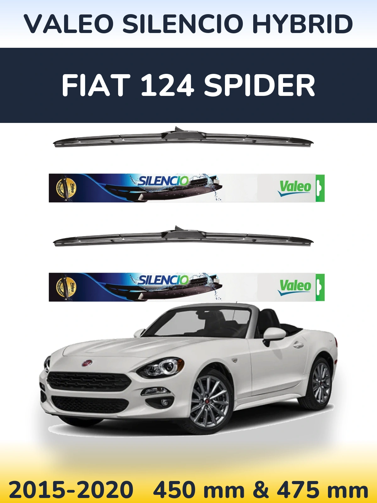 Front wiper blade set Valeo Silencio Hybrid 450 & 475 mm for Fiat 124 Spider 2015-2020