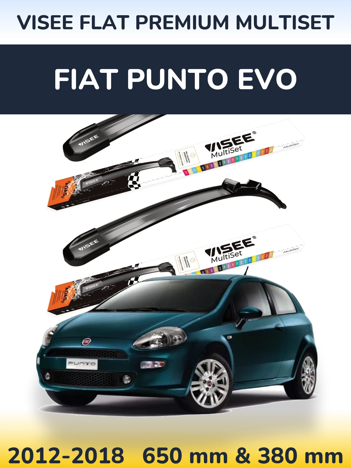 Комплект передніх щіток VISEE FLAT PREMIUM MultiSet 650 & 380 мм для Fiat Punto Evo 2012-2018