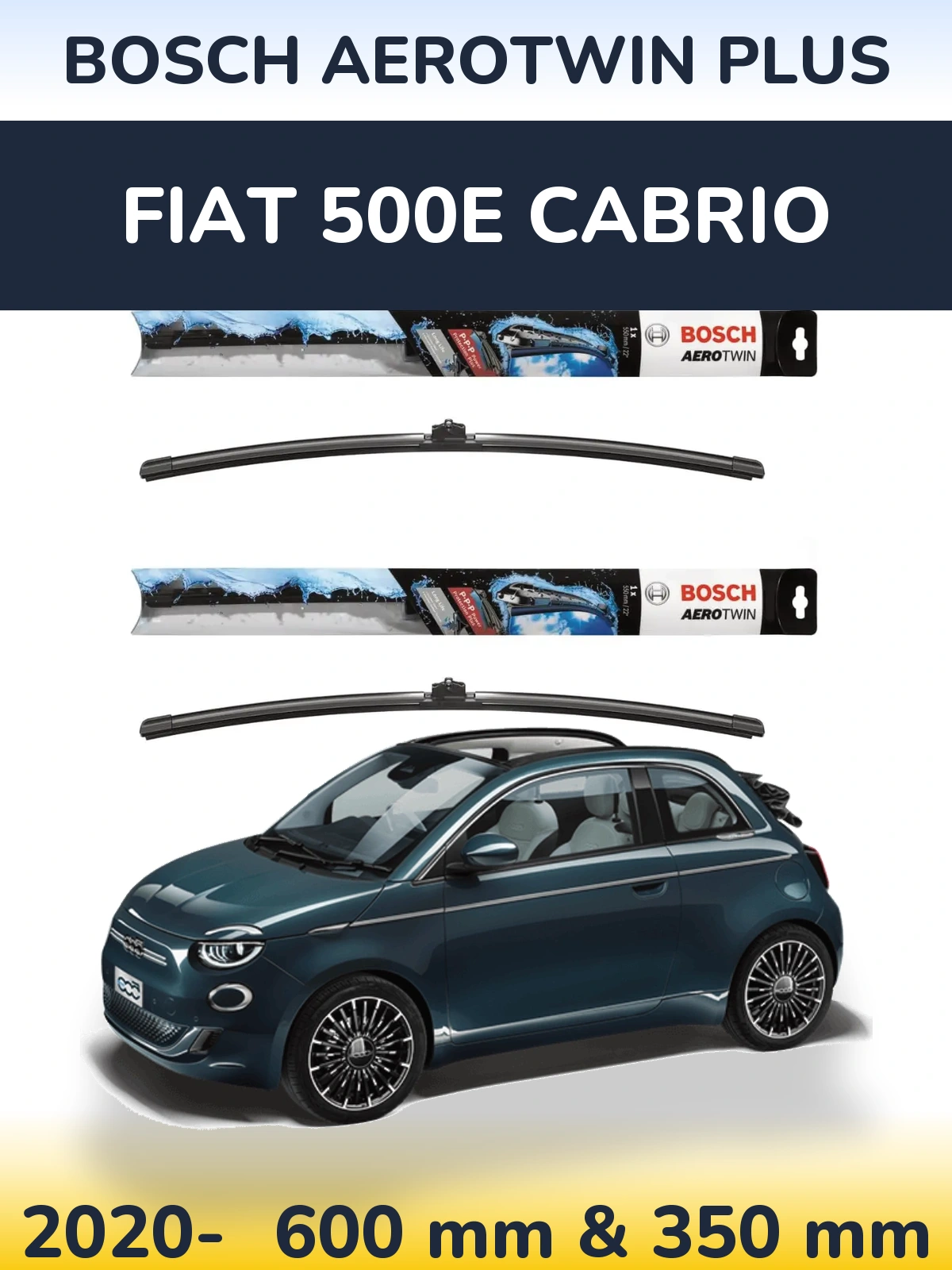 Komplet przednich wycieraczek BOSCH AeroTwin Plus 600 & 350 mm do Fiat 500e Cabrio 2020-2026