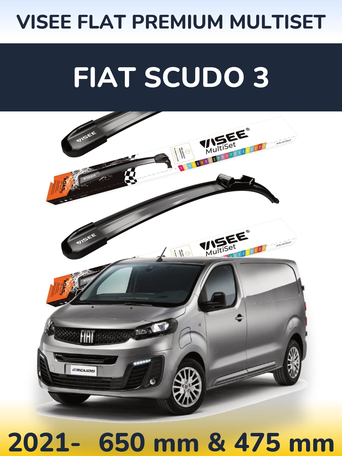 Front wiper blade set VISEE FLAT PREMIUM MultiSet 650 & 475 mm for Fiat Scudo 3 2021-2026