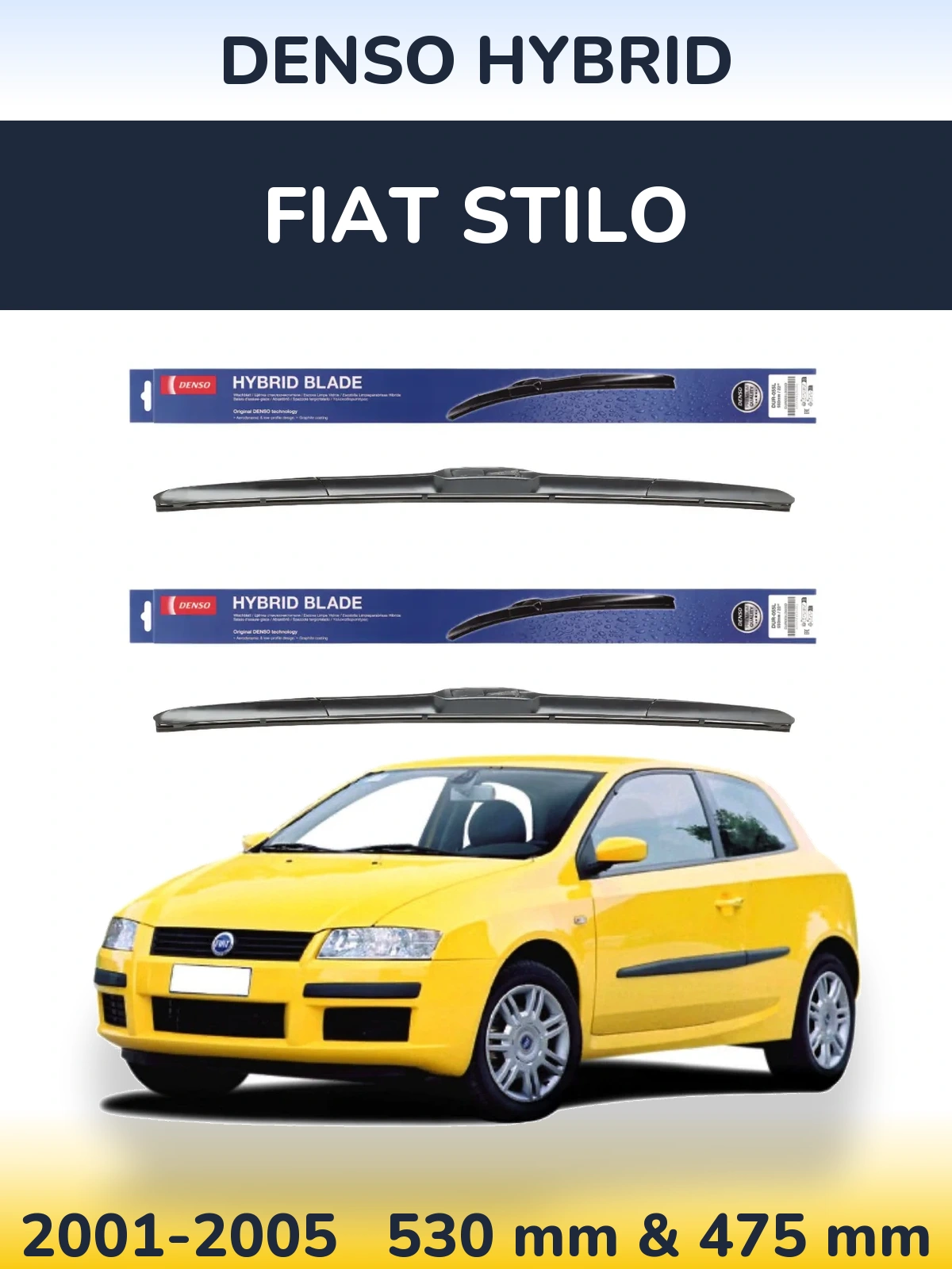 Front wiper blade set Denso Hybrid 530 & 475 mm for Fiat Stilo 2001-2005