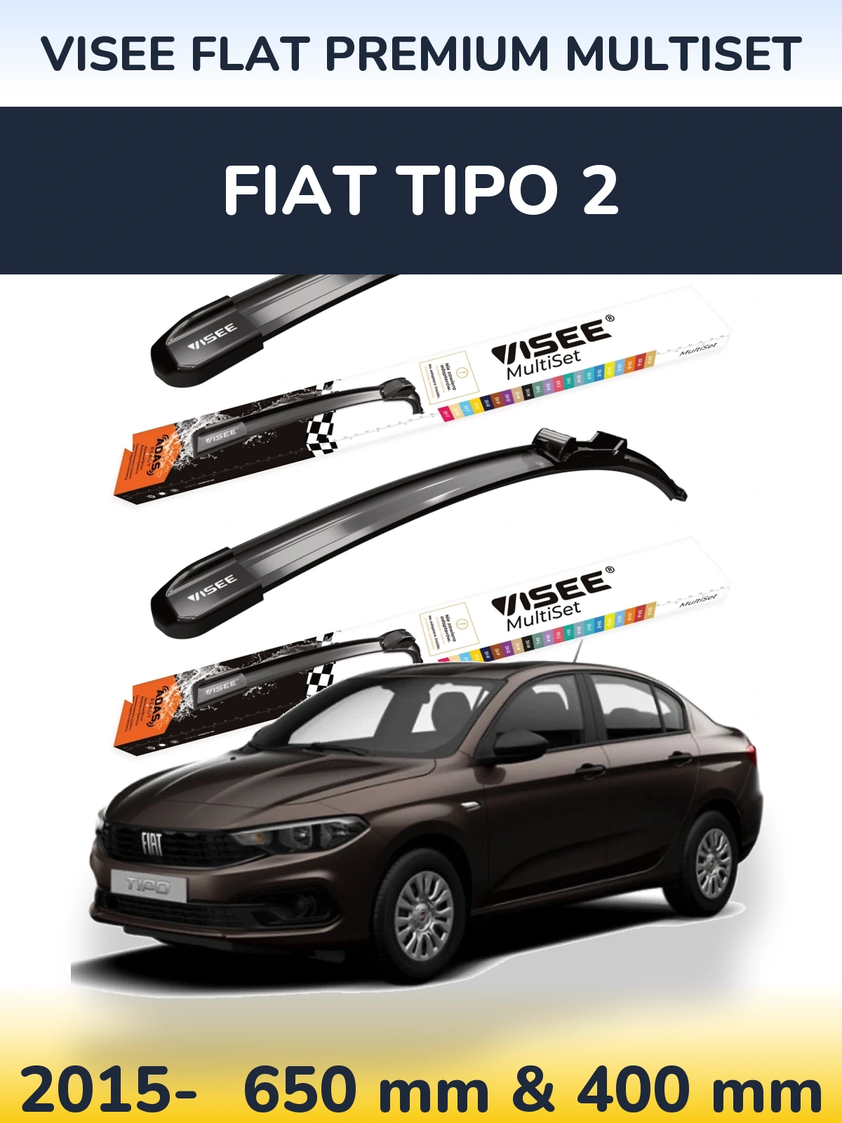 Комплект передних дворников VISEE FLAT PREMIUM MultiSet 650 & 400 мм для Fiat Tipo 2 2015-2026