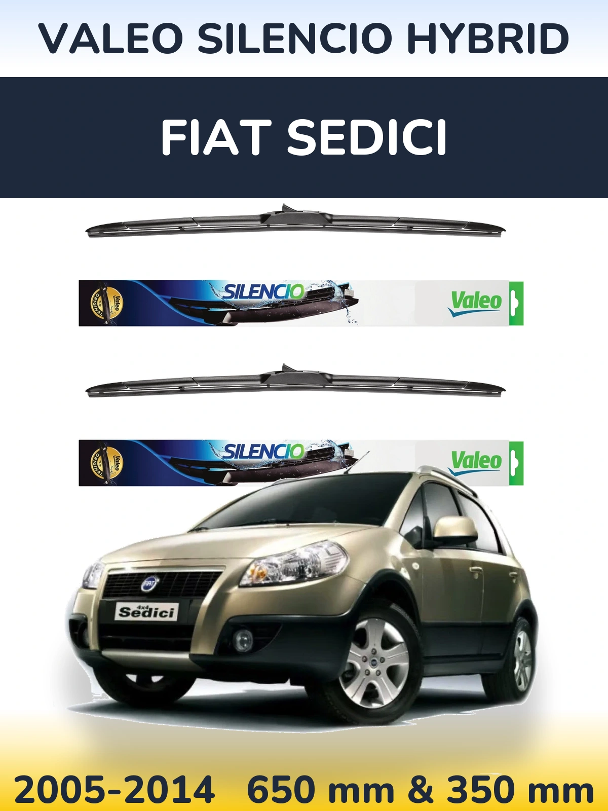Front wiper blade set Valeo Silencio Hybrid 650 & 350 mm for Fiat Sedici 2005-2014