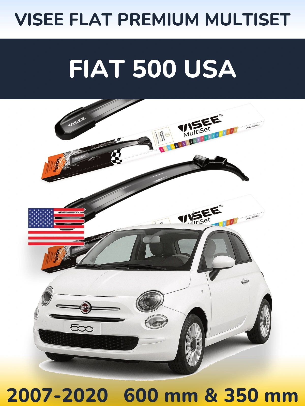 Front wiper blade set VISEE FLAT PREMIUM MultiSet 600 & 350 mm for Fiat 500 USA 2007-2020