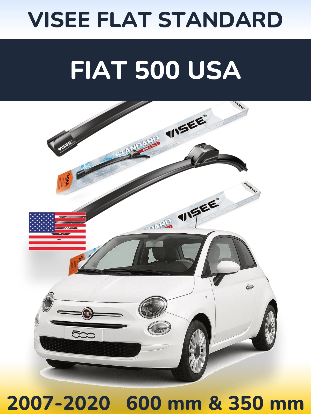 Комплект передніх щіток VISEE FLAT STANDARD 600 & 350 мм для Fiat 500 USA 2007-2020