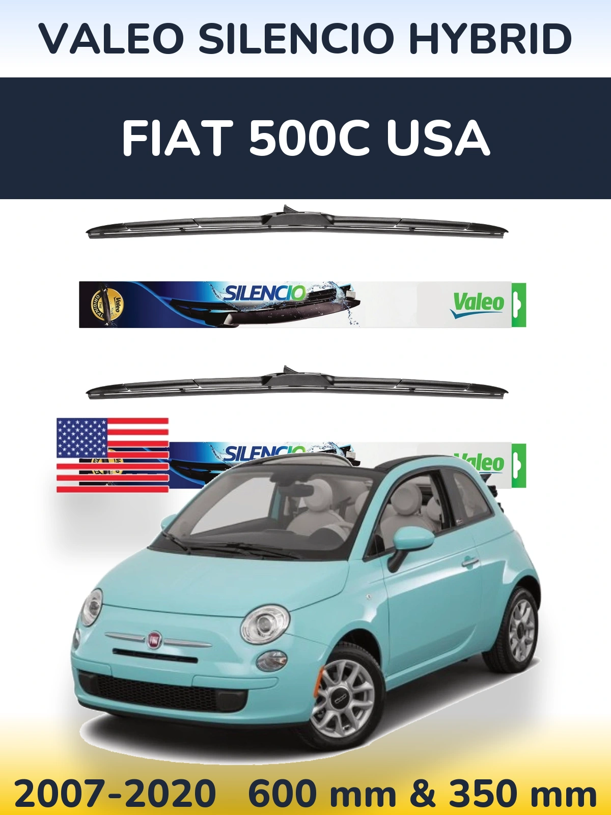 Комплект передніх щіток Valeo Silencio Hybrid 600 & 350 мм для Fiat 500C USA 2007-2020