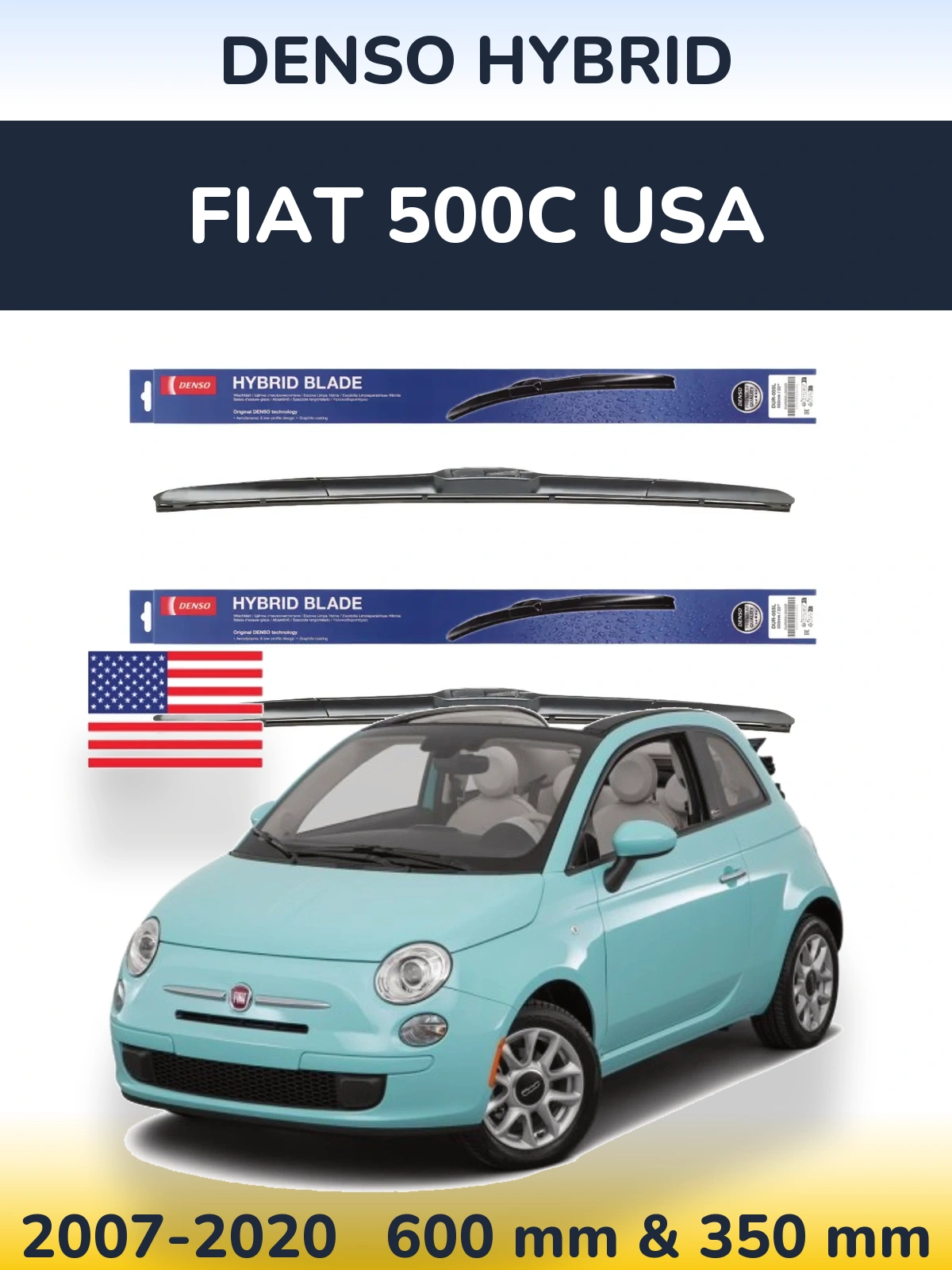 Комплект передніх щіток Denso Hybrid 600 & 350 мм для Fiat 500C USA 2007-2020