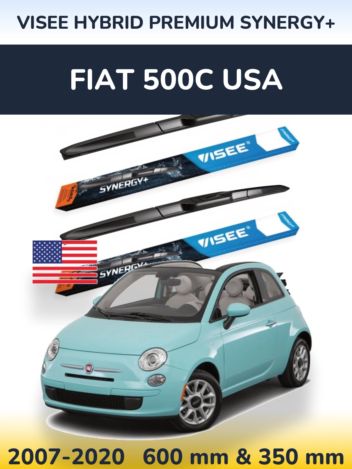 Komplet przednich wycieraczek VISEE HYBRID PREMIUM SYNERGY+ 600 & 350 mm do Fiat 500C USA 2007-2020