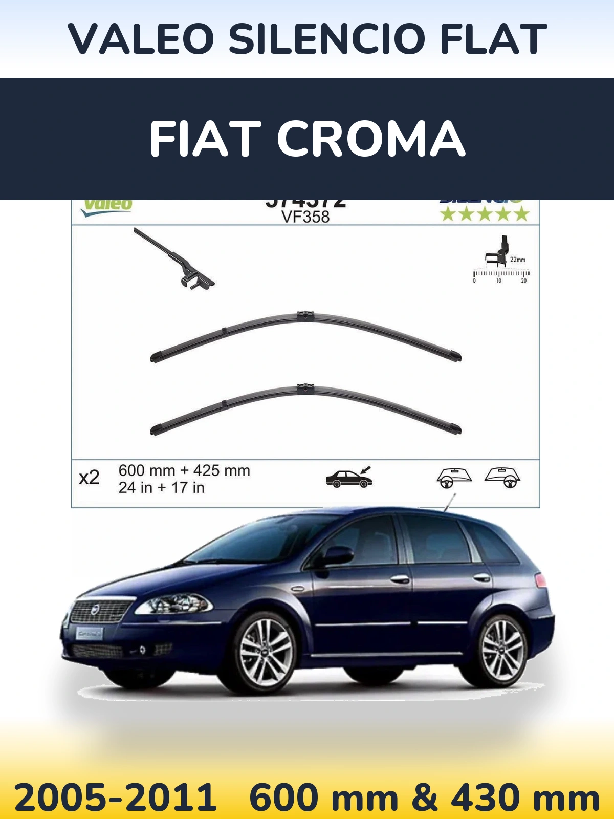 Комплект передніх щіток Valeo Silencio Flat 600 & 430 мм для Fiat Croma 2005-2011