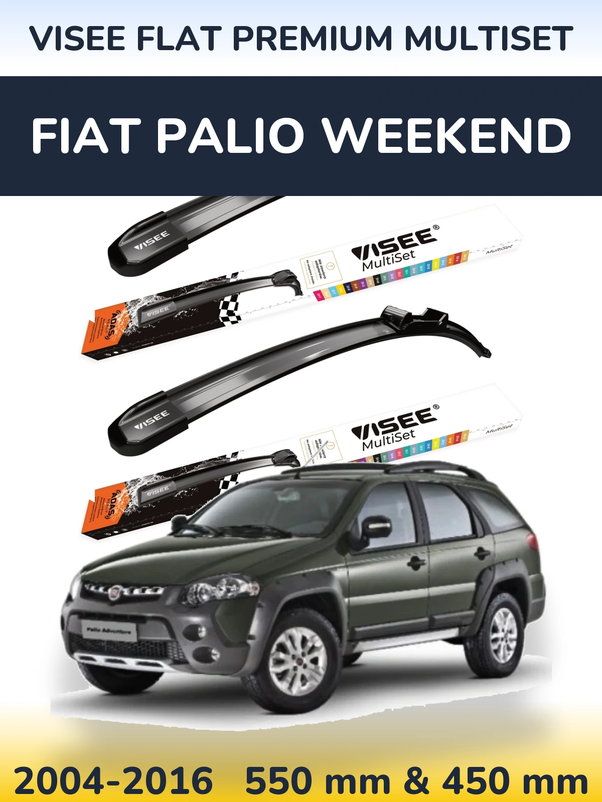 Front wiper blade set VISEE FLAT PREMIUM MultiSet 550 & 450 mm for Fiat Palio Weekend 2004-2016
