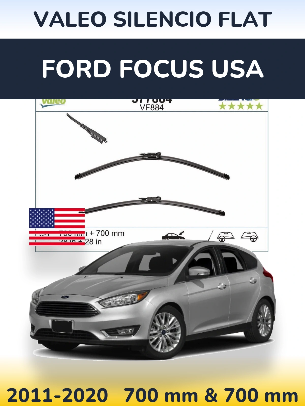 Komplet przednich wycieraczek Valeo Silencio Flat 700 & 700 mm do Ford Focus USA 2011-2020
