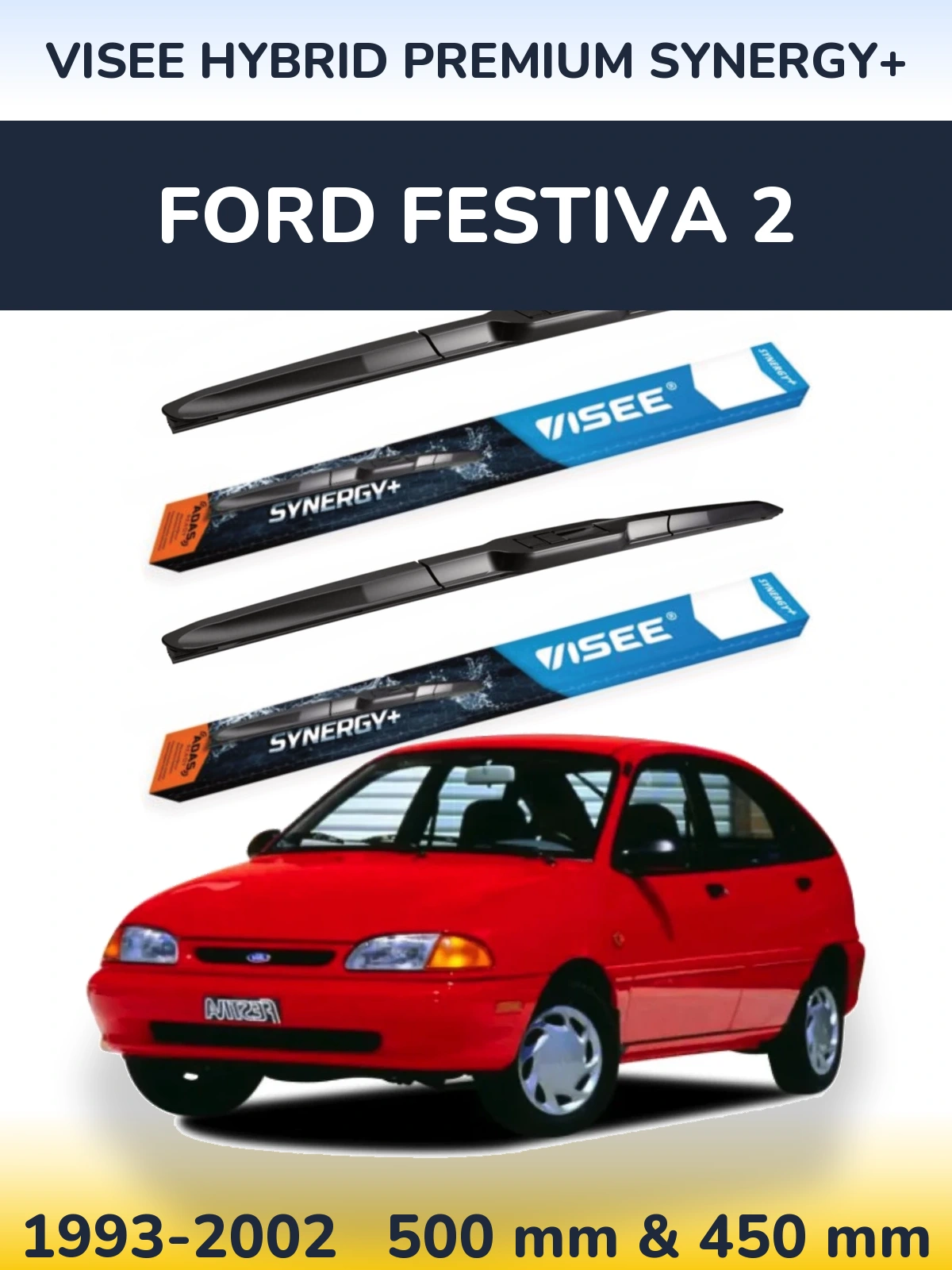 Front wiper blade set VISEE HYBRID PREMIUM SYNERGY+ 500 & 450 mm for Ford Festiva 2 1993-2002