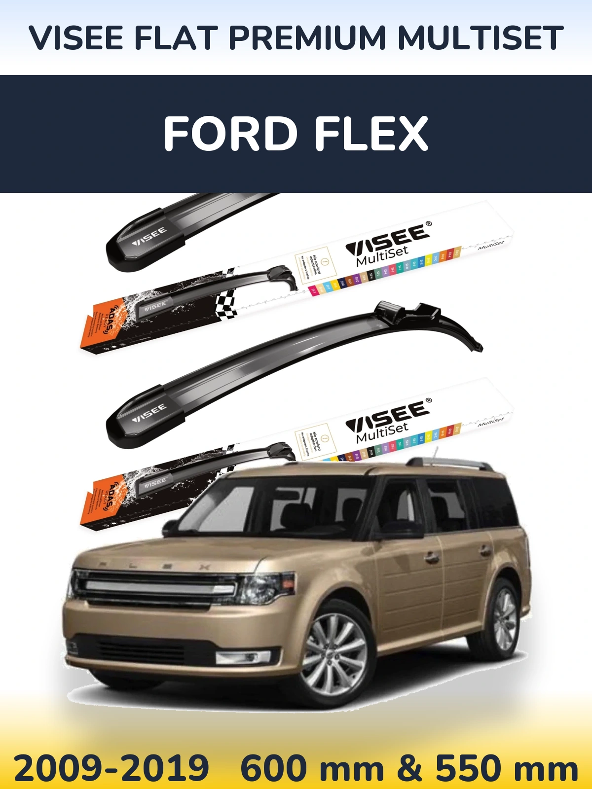 Комплект передних дворников VISEE FLAT PREMIUM MultiSet 600 & 550 мм для Ford Flex 2009-2019