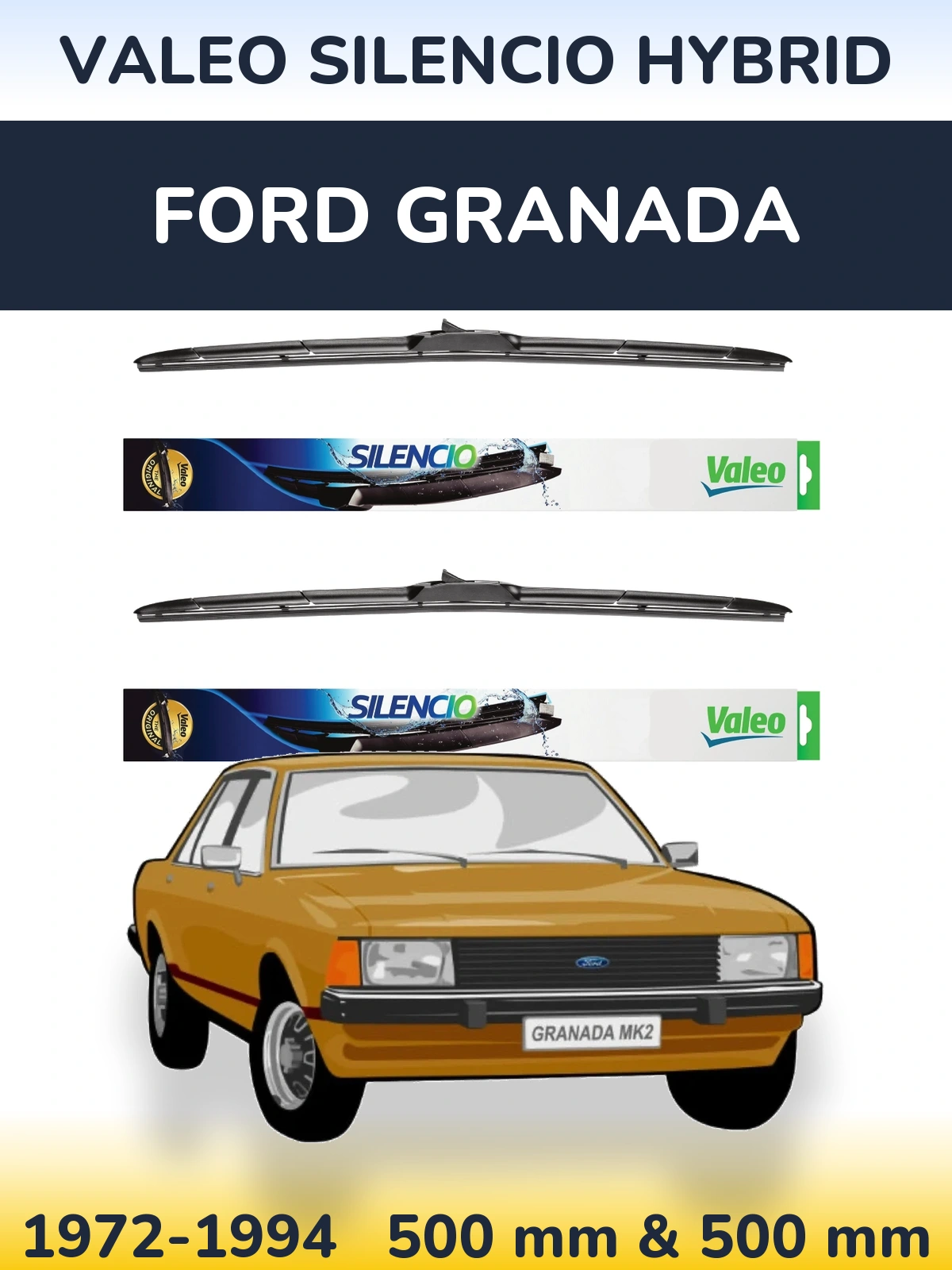Komplet przednich wycieraczek Valeo Silencio Hybrid 500 & 500 mm do Ford Granada 1972-1994