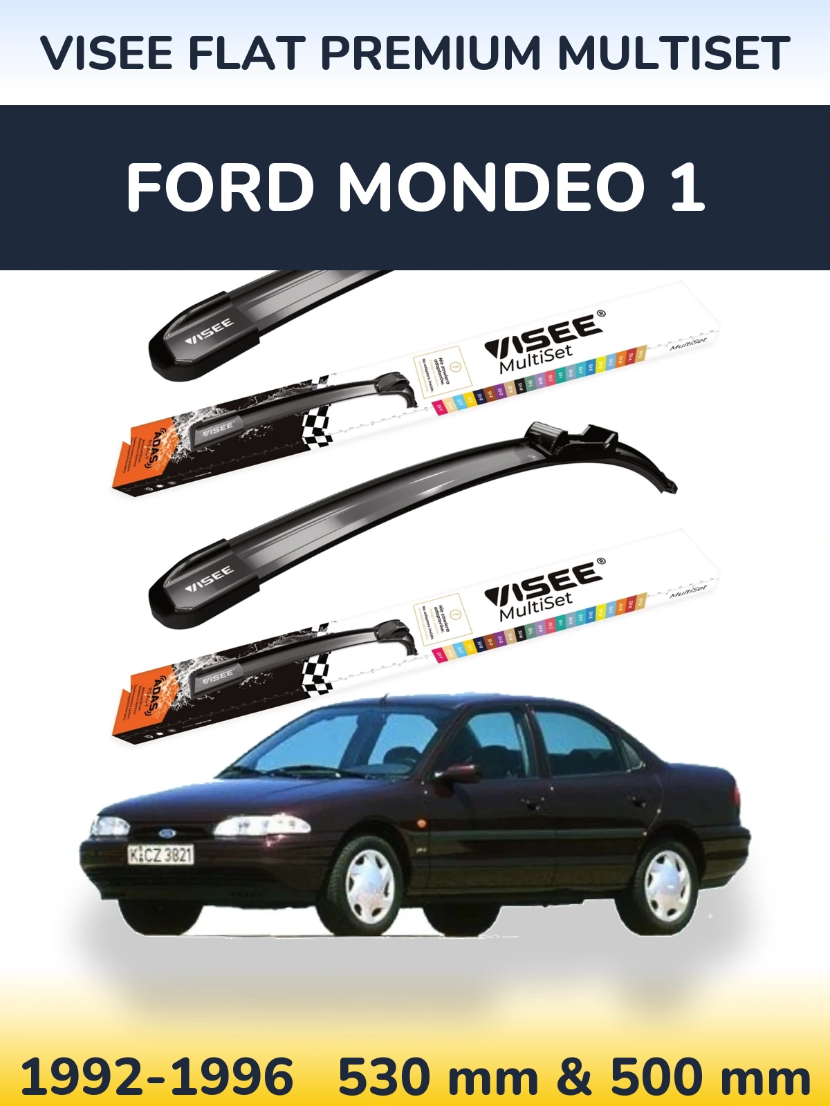 Комплект передних дворников VISEE FLAT PREMIUM MultiSet 530 & 500 мм для Ford Mondeo 1 1992-1996