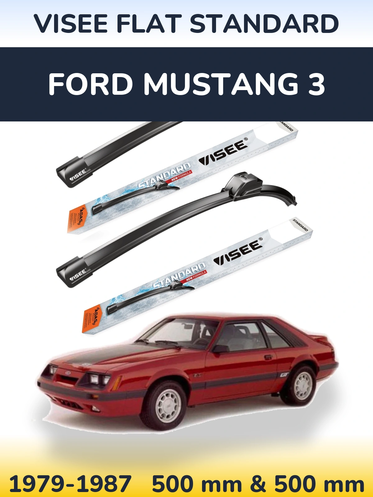Комплект передних дворников VISEE FLAT STANDARD 500 & 500 мм для Ford Mustang 3 1979-1987