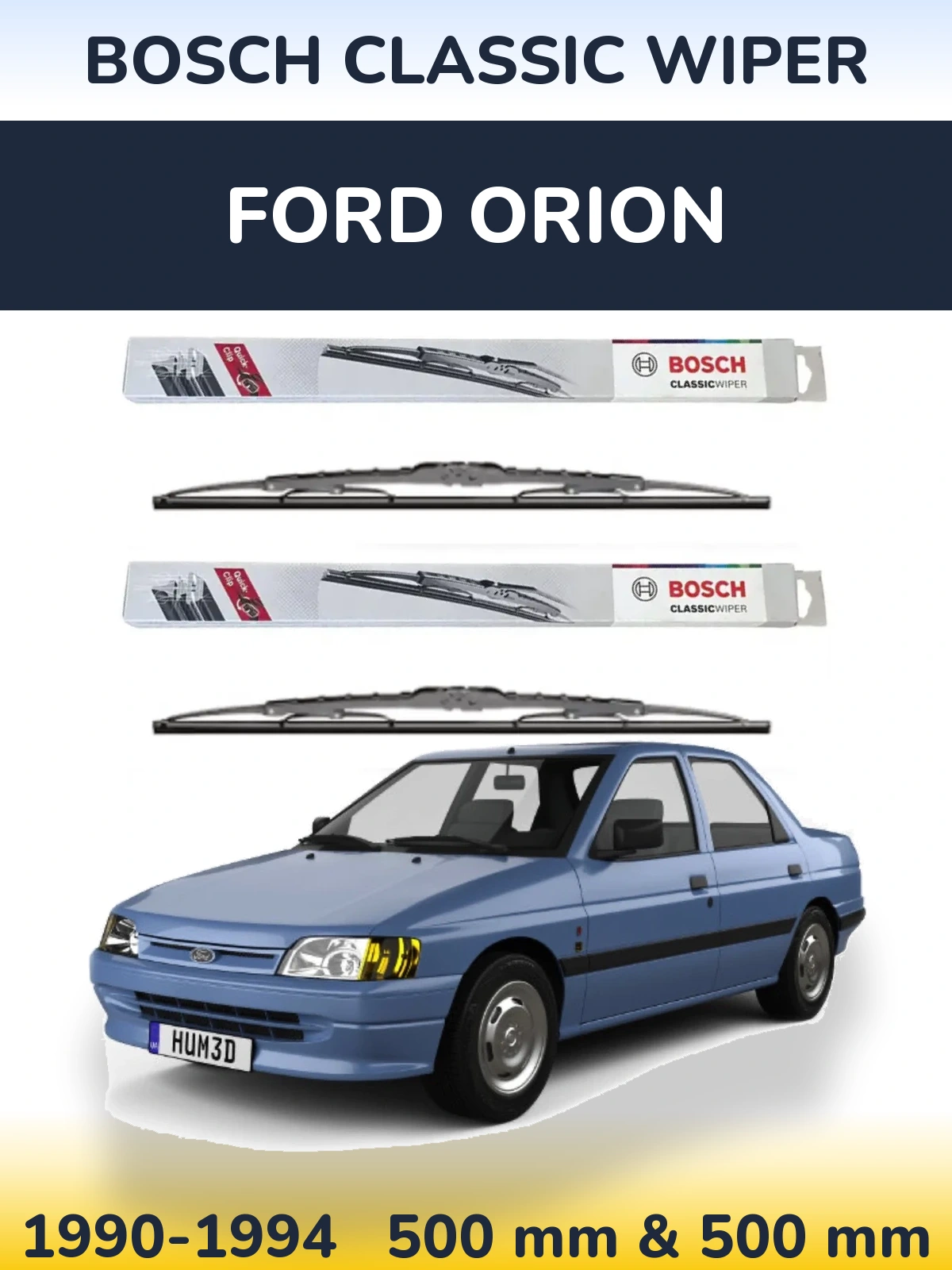 Front wiper blade set BOSCH Classic Wiper 500 & 500 mm for Ford Orion 1990-1994