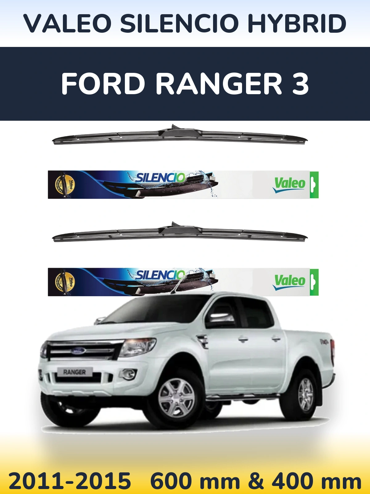Front wiper blade set Valeo Silencio Hybrid 600 & 400 mm for Ford Ranger 3 2011-2015