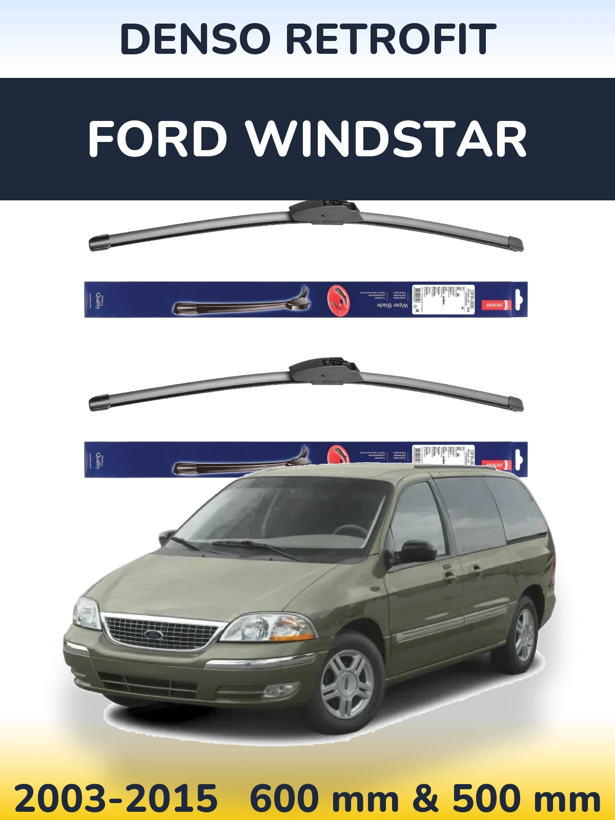 Front wiper blade set Denso Retrofit 600 & 500 mm for Ford Windstar 2003-2015