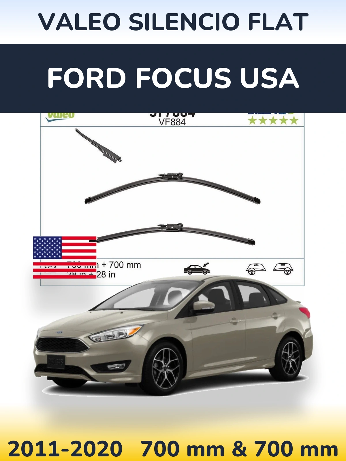 Комплект передніх щіток Valeo Silencio Flat 700 & 700 мм для Ford Focus USA 2011-2020