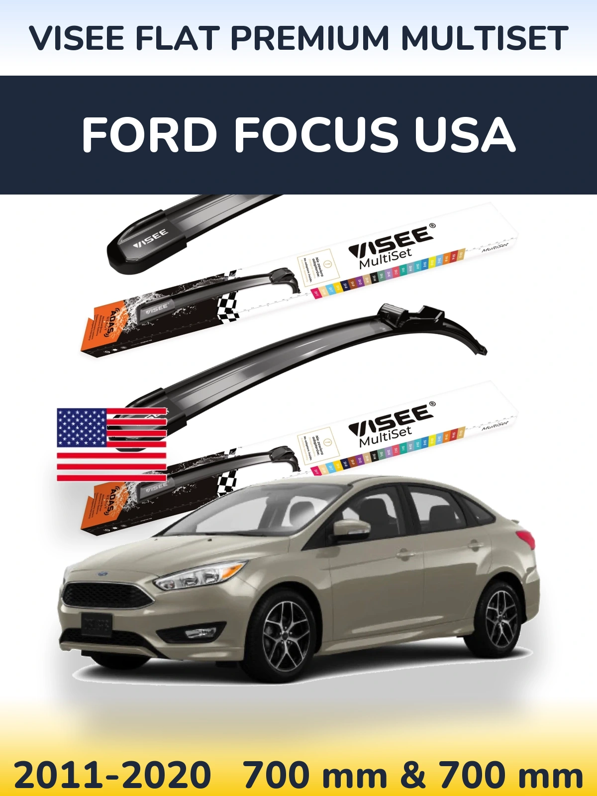Комплект передніх щіток VISEE FLAT PREMIUM MultiSet 700 & 700 мм для Ford Focus USA 2011-2020