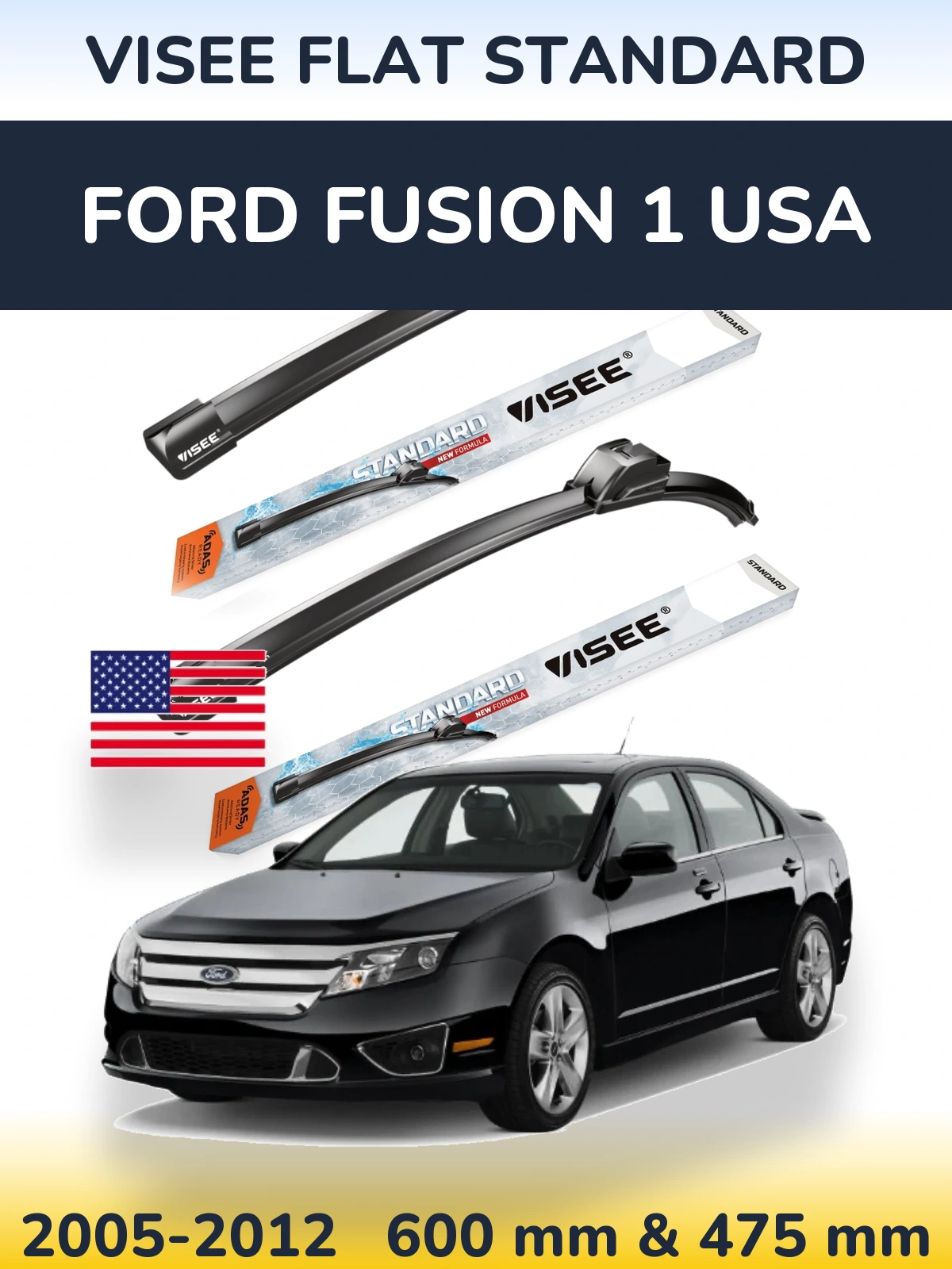 Комплект передніх щіток VISEE FLAT STANDARD 600 & 475 мм для Ford Fusion 1 USA 2005-2012
