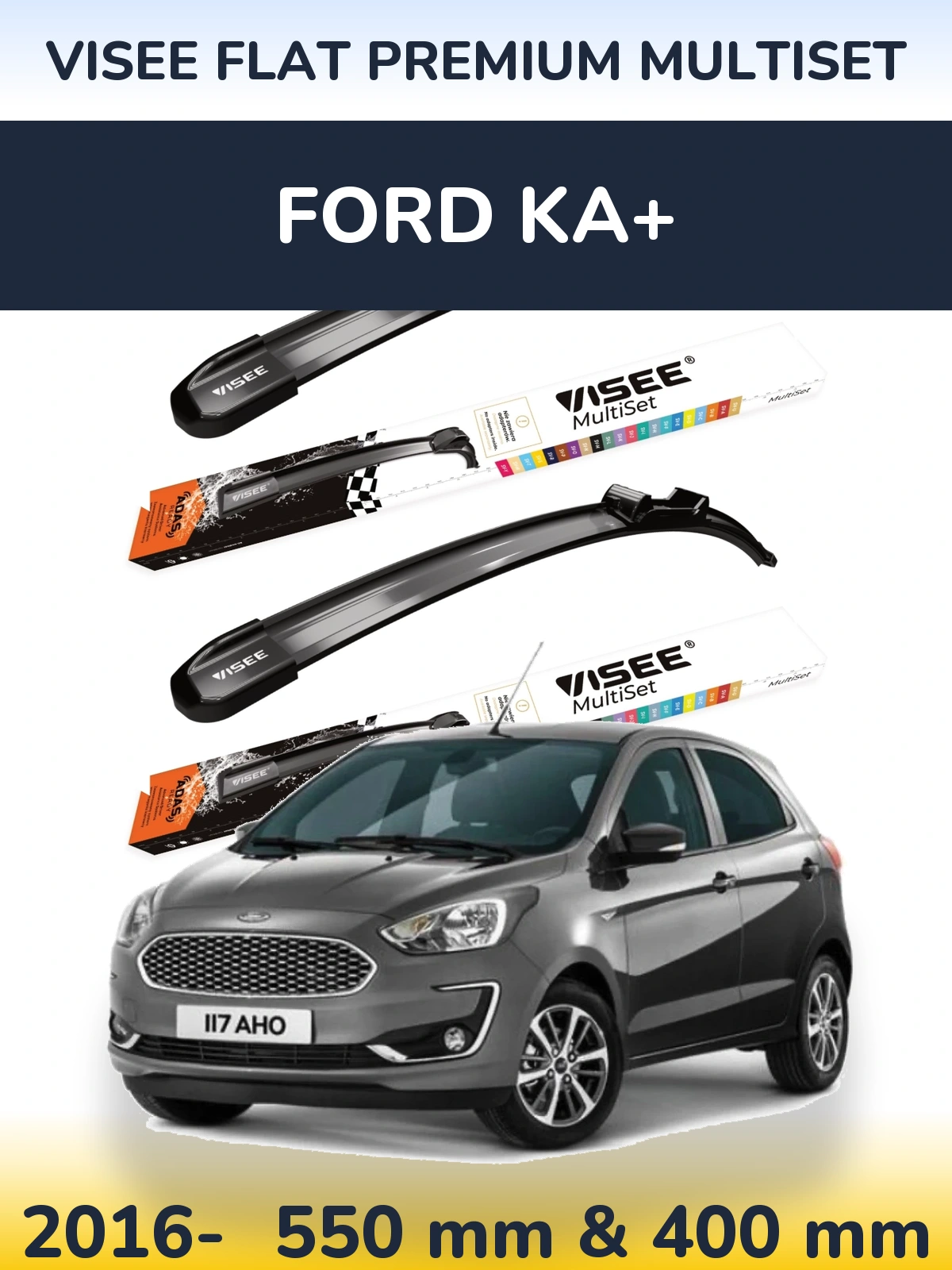 Комплект передніх щіток VISEE FLAT PREMIUM MultiSet 550 & 400 мм для Ford Ka+ 2016-2026