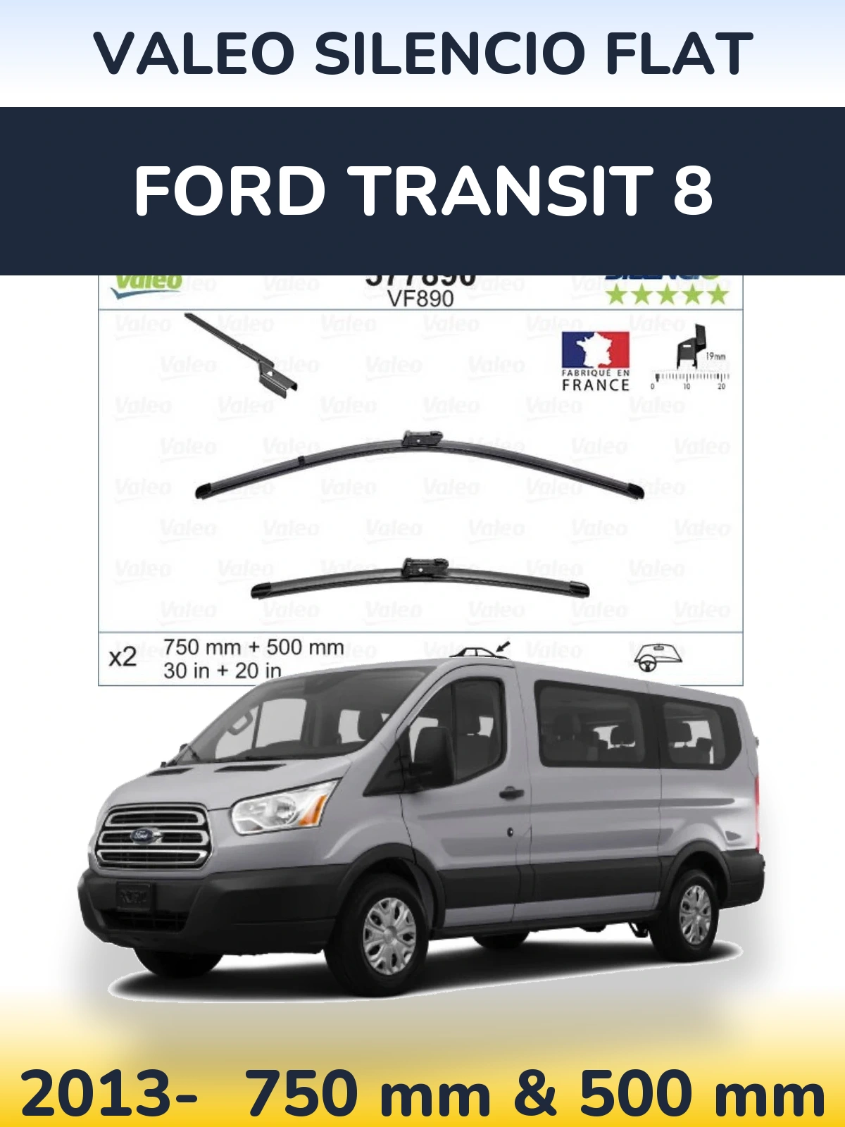 Komplet przednich wycieraczek Valeo Silencio Flat 750 & 500 mm do Ford Transit 8 2013-2026
