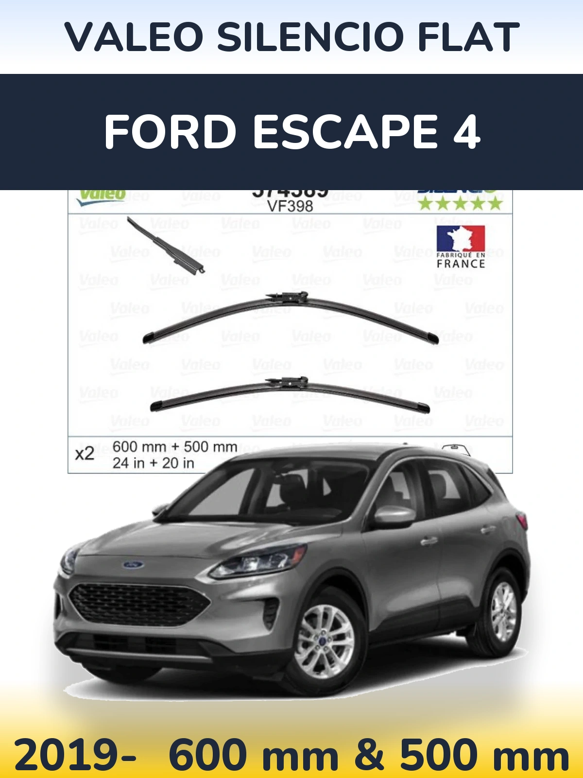 Front wiper blade set Valeo Silencio Flat 600 & 500 mm for Ford Escape 4 2019-2026