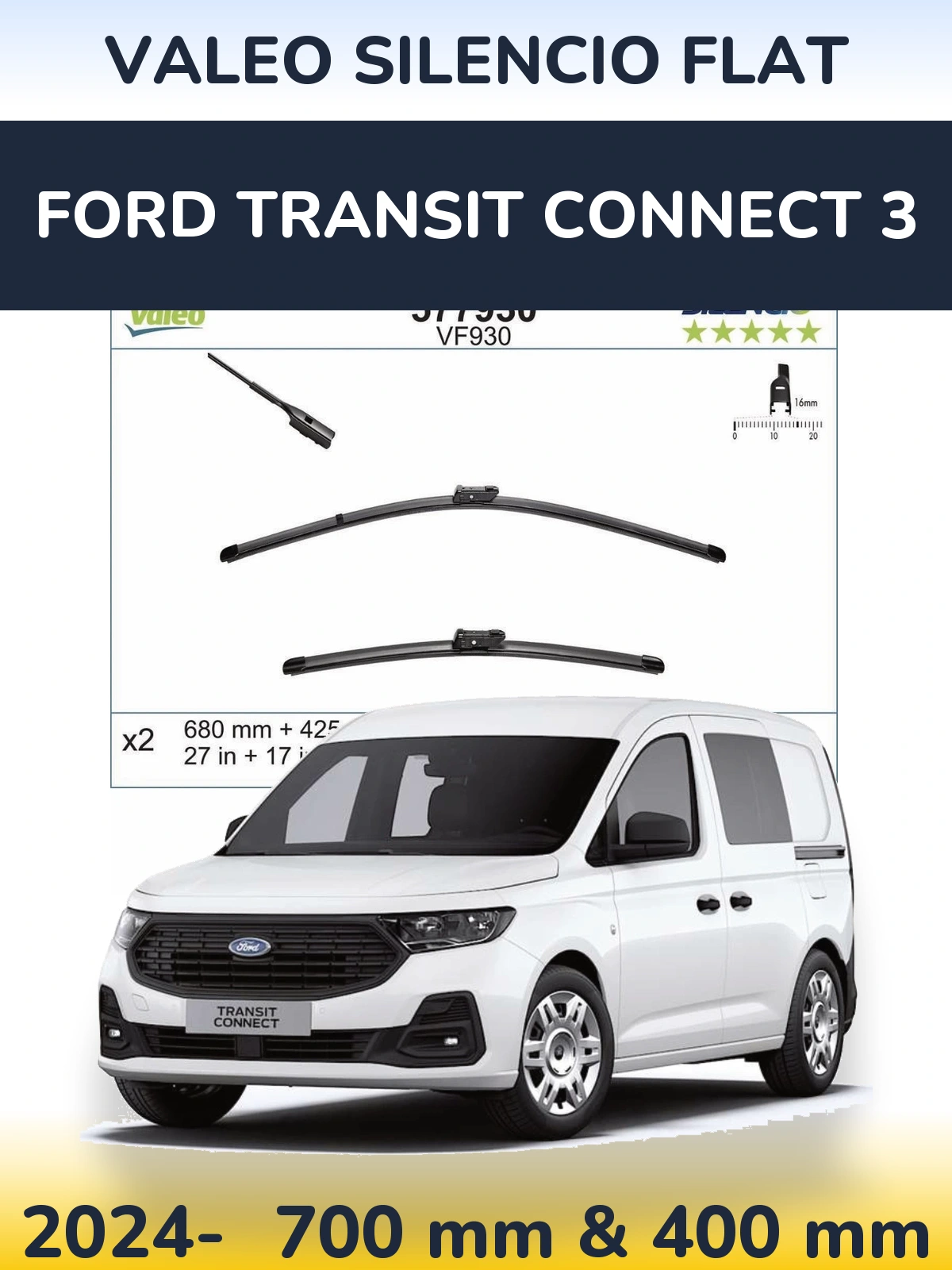 Komplet przednich wycieraczek Valeo Silencio Flat 680 & 400 mm do Ford Transit Connect 3 2024-2026