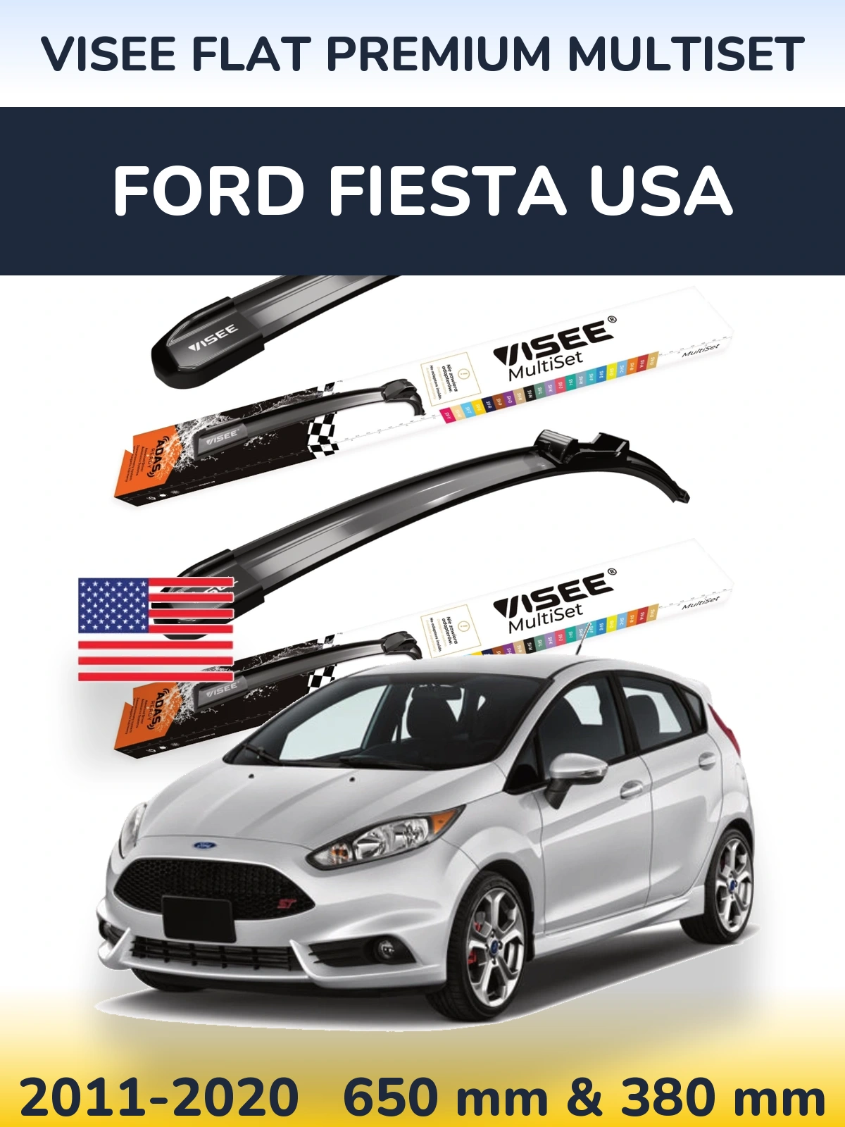 Комплект передніх щіток VISEE FLAT PREMIUM MultiSet 650 & 380 мм для Ford Fiesta USA 2011-2020