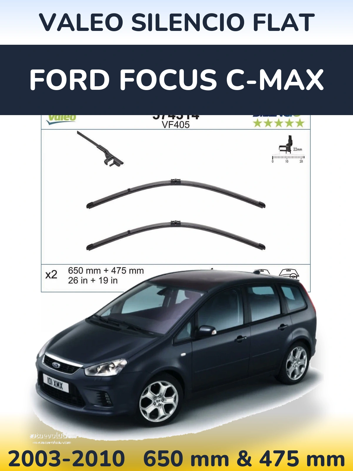 Комплект передних дворников Valeo Silencio Flat 650 & 475 мм для Ford Focus C-MAX 2003-2010