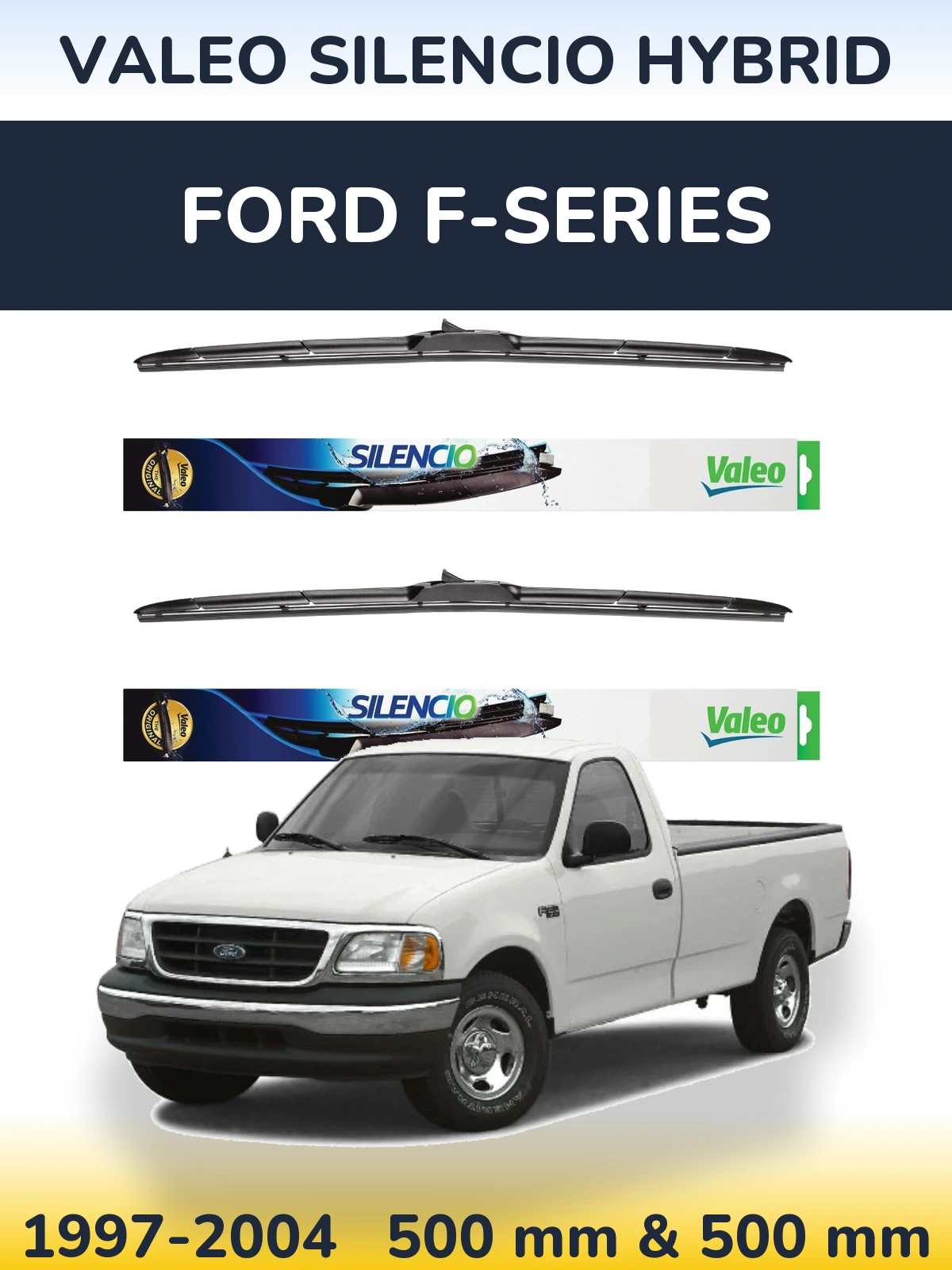 Front wiper blade set Valeo Silencio Hybrid 500 & 500 mm for Ford F-series 1997-2004