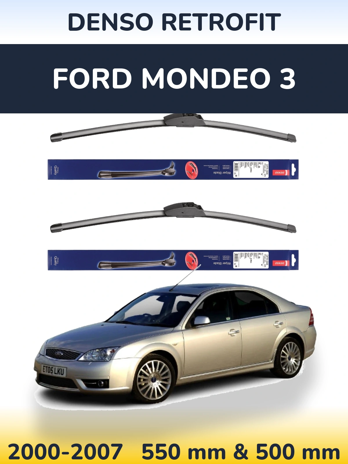 Front wiper blade set Denso Retrofit 550 & 500 mm for Ford Mondeo 3 2000-2007