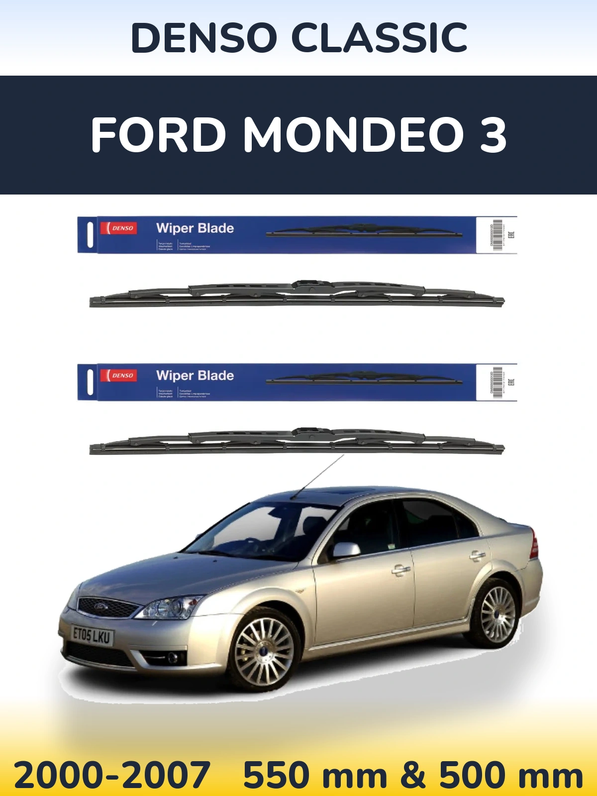 Front wiper blade set Denso Classic 550 & 500 mm for Ford Mondeo 3 2000-2007