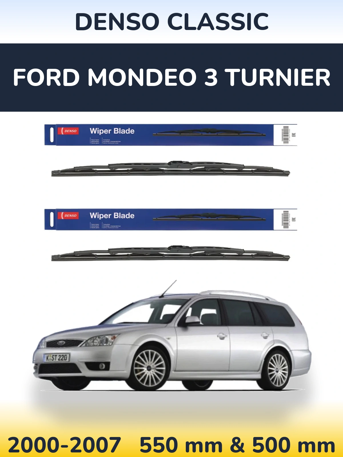 Front wiper blade set Denso Classic 550 & 500 mm for Ford Mondeo 3 Turnier 2000-2007
