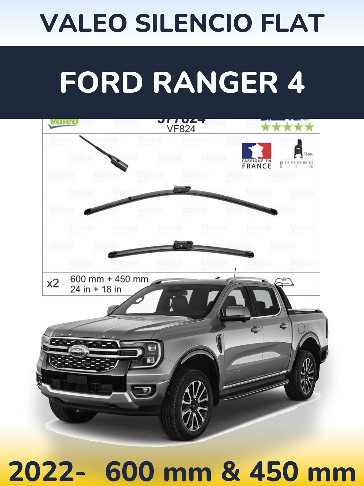 Комплект передних дворников Valeo Silencio Flat 600 & 450 мм для Ford Ranger 4 2022-2026