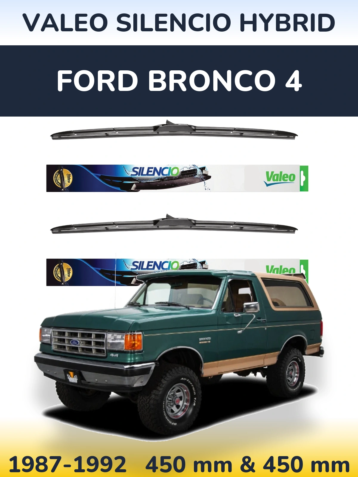 Комплект передних дворников Valeo Silencio Hybrid 450 & 450 мм для Ford Bronco 4 1987-1992