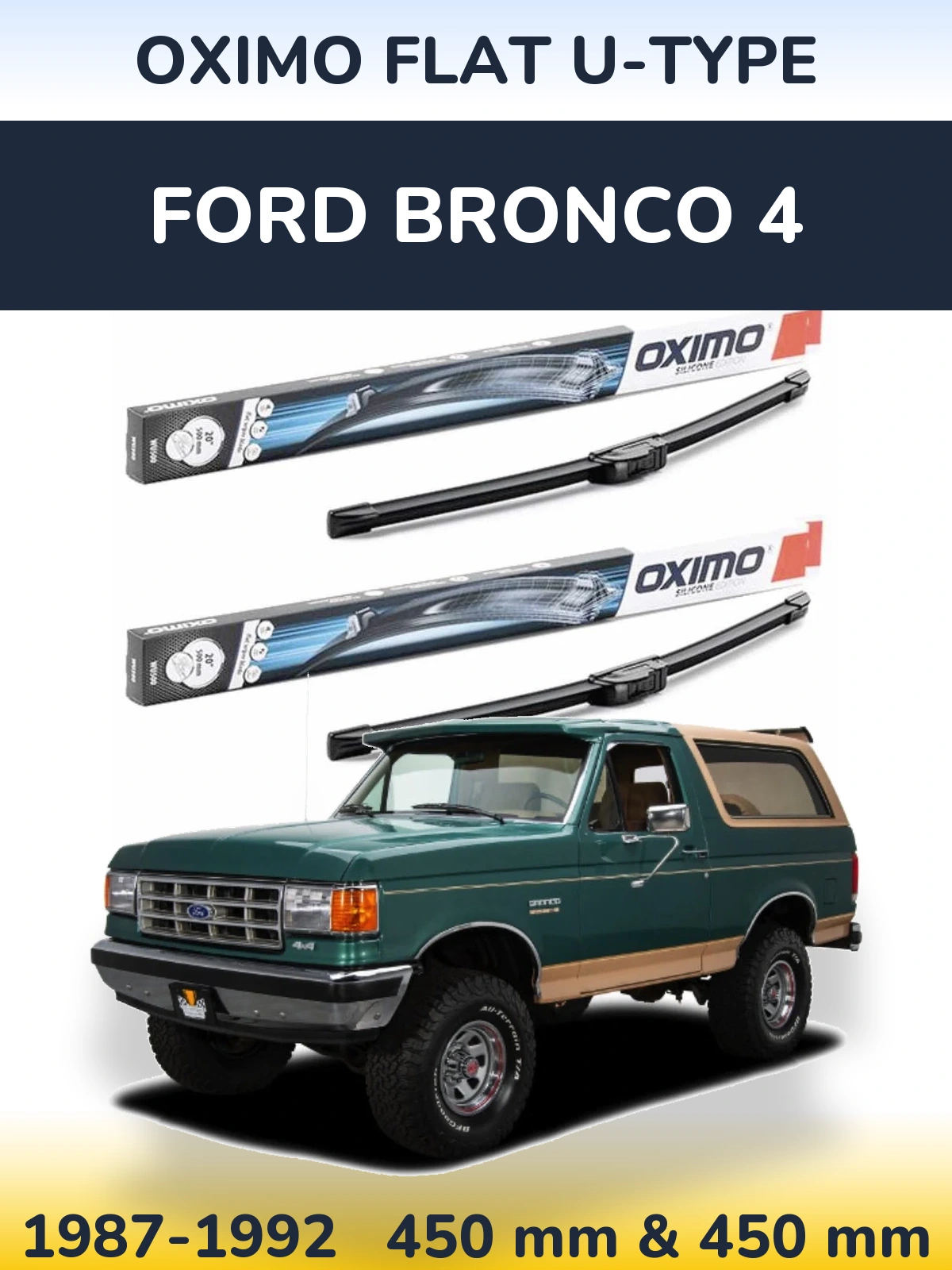 Комплект передних дворников Oximo Flat U-type 450 & 450 мм для Ford Bronco 4 1987-1992