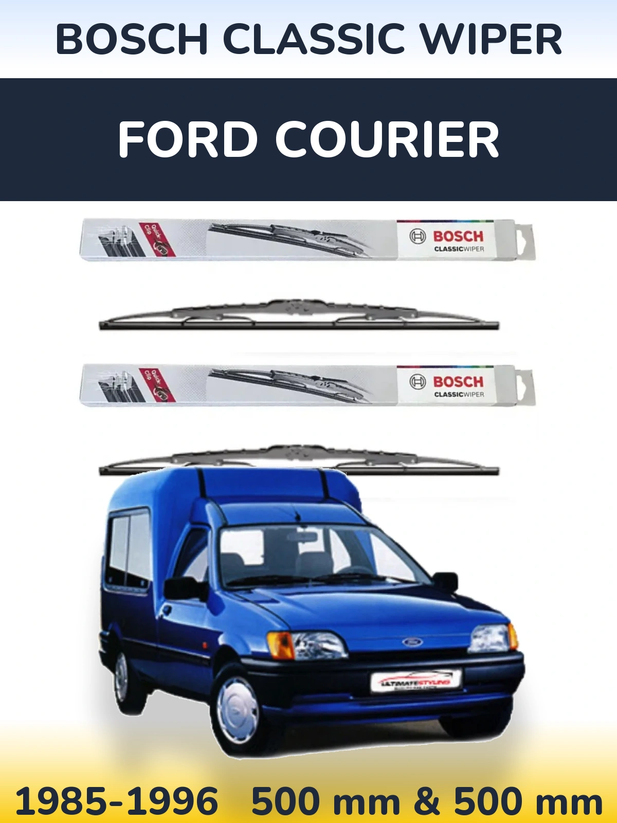 Front wiper blade set BOSCH Classic Wiper 500 & 500 mm for Ford Courier 1985-1996