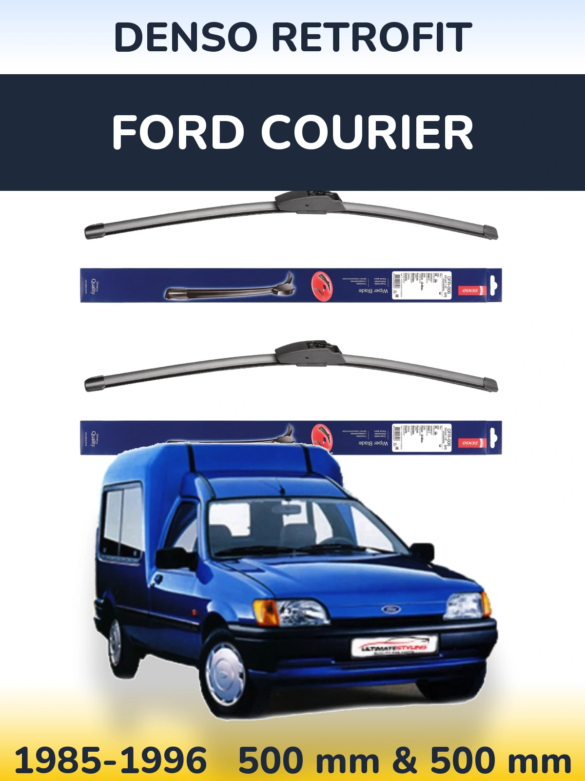 Front wiper blade set Denso Retrofit 500 & 500 mm for Ford Courier 1985-1996