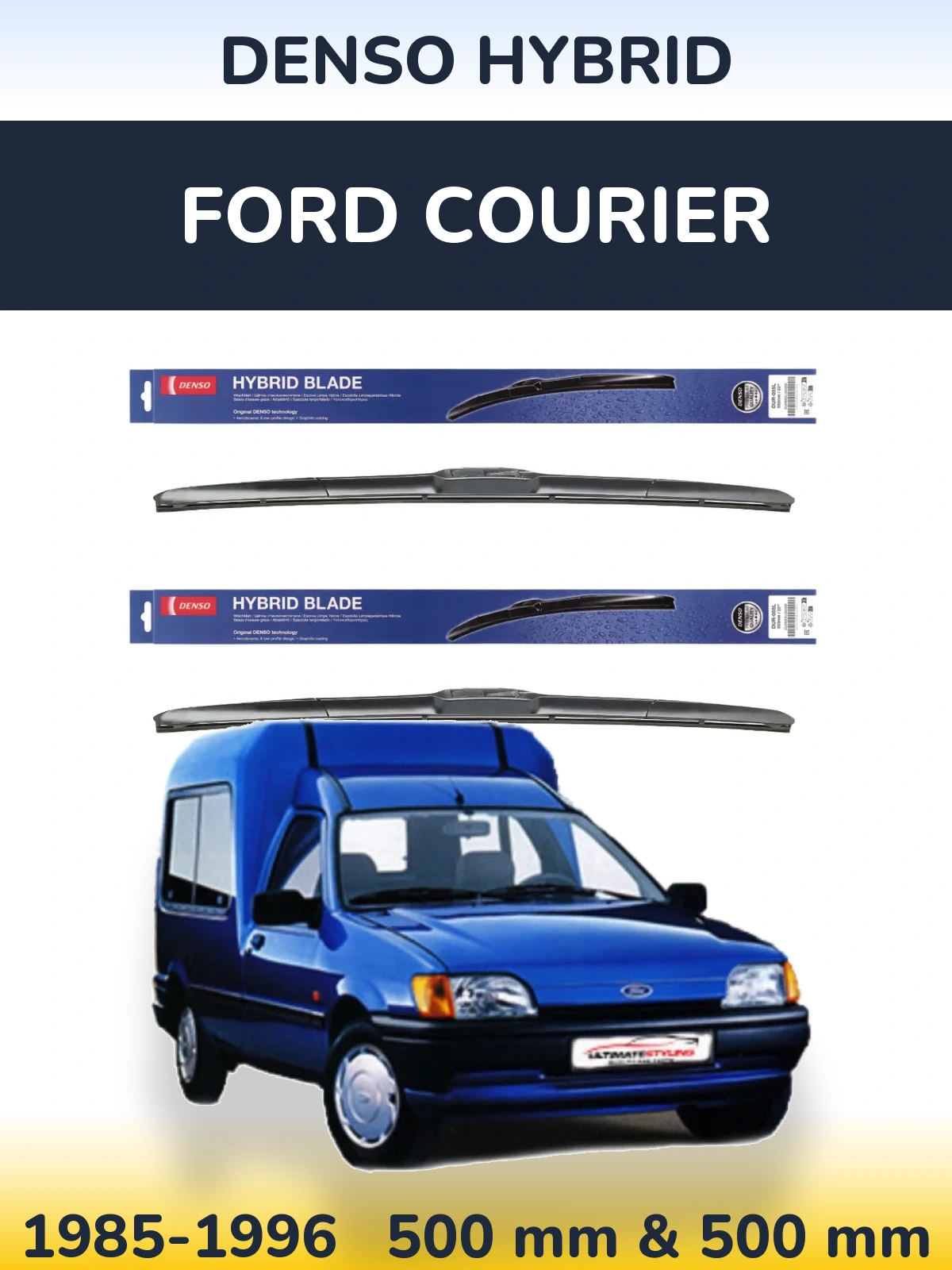 Front wiper blade set Denso Hybrid 500 & 500 mm for Ford Courier 1985-1996