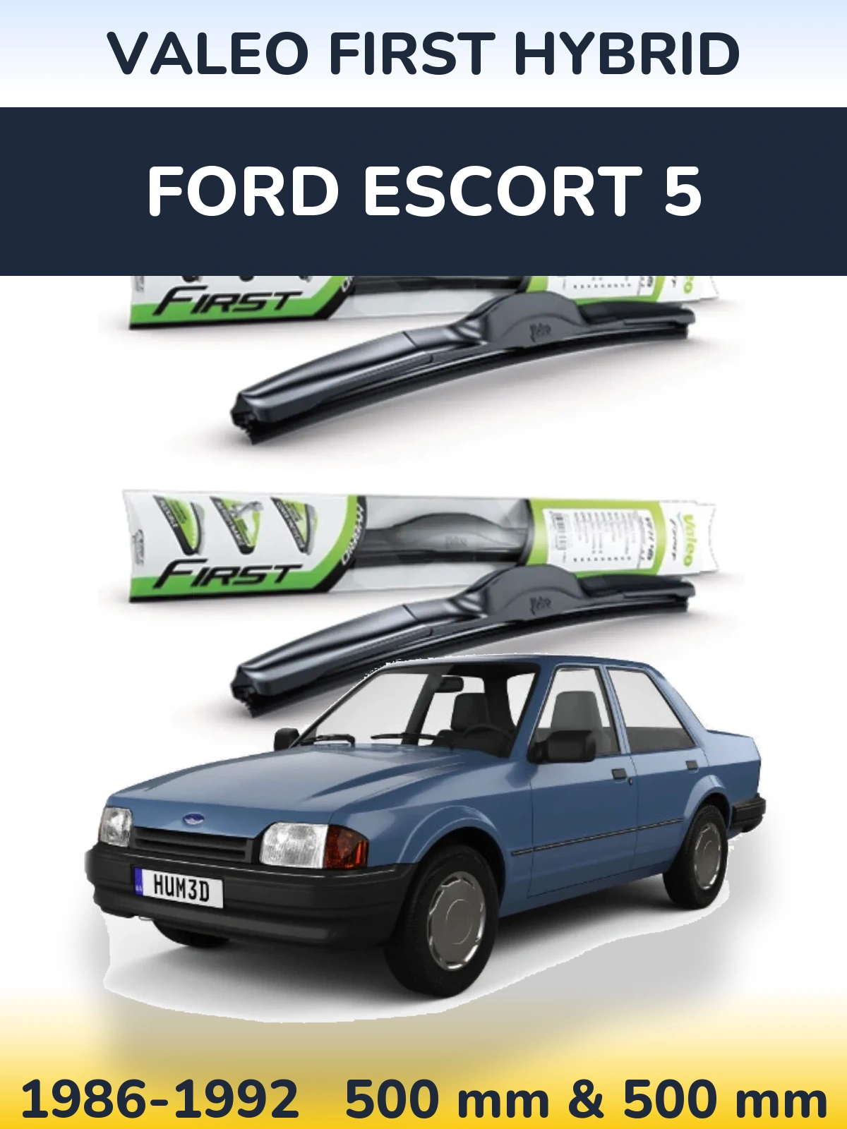 Front wiper blade set Valeo First Hybrid 500 & 500 mm for Ford Escort 5 1986-1992